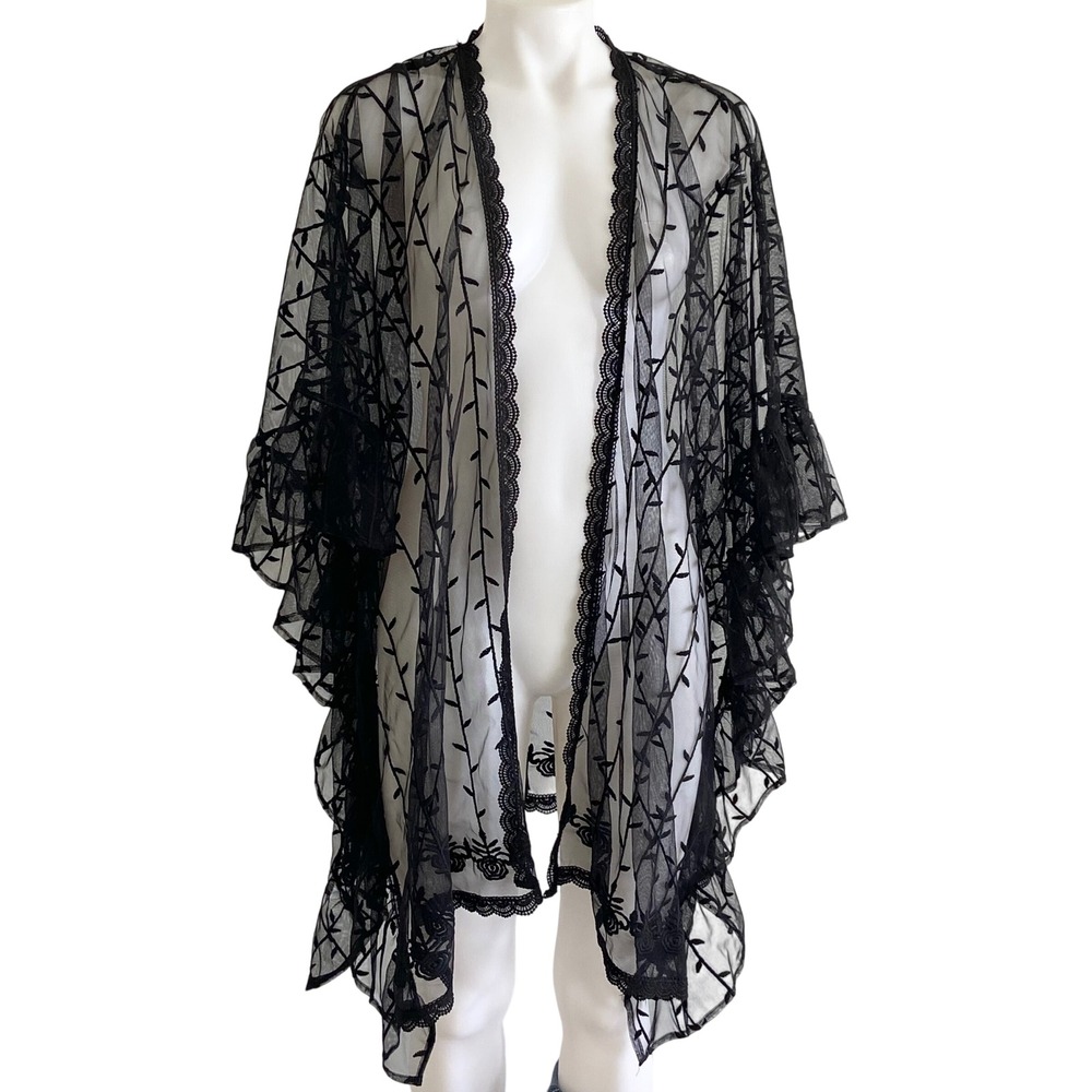 Torrid Black Mesh Embroidered Lace Trim Kimono Ruffle Sleeve One Size 41400021